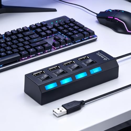 4-Port USB Hub with Individual On/Off Switches & LED Lights, USB 2.0 Data Splitter for Laptop, PC, Flash Drive, Mobile HDD, Black