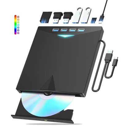 External CD/DVD Drive for Laptop PC,8 IN 1 LED Portable DVD Drive CD Burner CD-ROM DVD-/+RW Writer Reader with TF/SD Card Slots,USB 3.0 DVD Drive External,Compatible with Mac,Windows 11/10/8/7 (Black) - color: Black