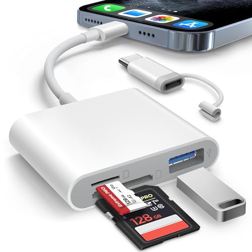 AkHolz SD Card Reader for iPhone iPad Built-in Lightening & USB-C Dual Connectors Card Adapter with SD MicroSD USB-A 3 Slots Trail Camera Memory Card Viewer, Portable No App Required Plug and Play - size: One built-in cord (Lightening&USB-C)