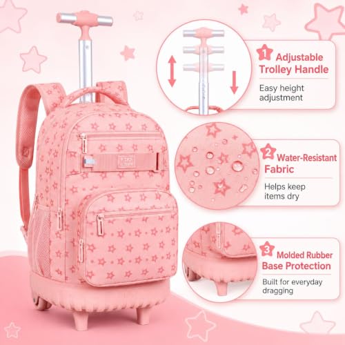 3Pcs Rolling Backpack for Girls Women, School Kids Roller Bookbag with Wheels, Wheeled Backpacks Set for Elementary (Pink) - color: Star Pink