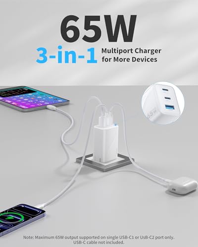65W GaN Charger,3-Port Fast USB C Wall Foldable Charger for iPhone 17 Pro Max/17 Pro/17 Air,16 Pro/16e Series, iPad, Samsung Galaxy S26/S25(White) - color: 1White S