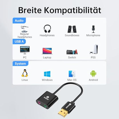 USB Audio Adapter USB Sound Card for PC/Computer/Laptops/PS5/PS4 | USB to 3.5mm Jack Audio Adapter, Plug and Play, No Drivers Needed, 3.5mm Headphone and Microphone TRS Jack, for Windows & Mac - color: A-Black