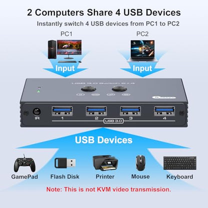 USB 3.0 Switch 2 Computers Share 4 USB Devices with IR Remote 4 Port Hub USB KVM Control 5Gbps Data Sharing for Keyboard Mouse Printer Scanner