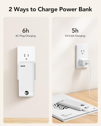 VRURC Portable Charger, Power Bank Built-in Cables and AC Wall Plug | USB C Power Bank 10000mAh Travel Essentials Phone Charger Compact External Battery Pack For Smart Phones, Tablets etc-White - color: White