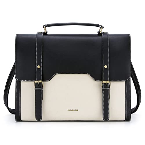 Missnine Laptop Bag 15.6 inch Canvas Messenger Bag for Women Professional Work Bag Shoulder Bag - color: Black+beige