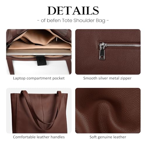 befen Genuine Leather Tote Bag for Women Work Travel Leather Purse Handbags | Real Leather, Padded 14" Laptop Compartment, Multi-Pockets, Zipper, Tote Bag for Daily - color: Coffee