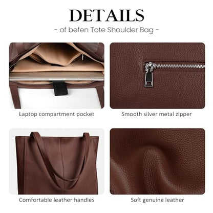 befen Genuine Leather Tote Bag for Women Work Travel Leather Purse Handbags | Real Leather, Padded 14" Laptop Compartment, Multi-Pockets, Zipper, Tote Bag for Daily - color: Coffee