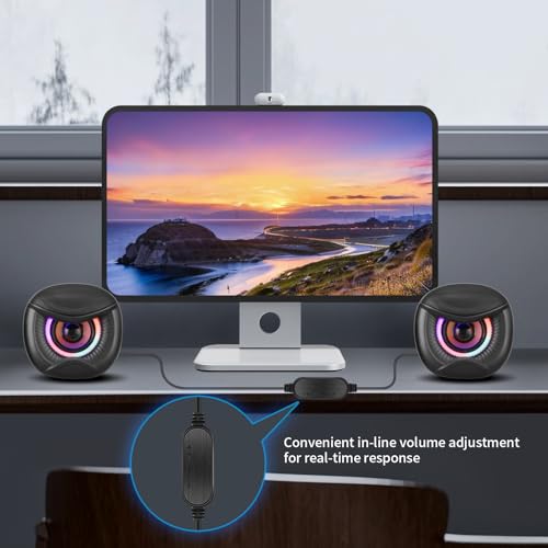 Elimavi USB Computer Speakers, 3.5mm Aux Speaker and USB Powered Interface are Suitable for Desktop Laptop Monitor, Owl Eye Design, Includes a USB-C Adapter, Colorful Lights - style: Colorful lights