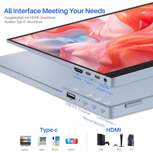 15.6 Inch Touchscreen Portable Monitor, FHD 1080P IPS Full Function USB-C Ultra Slim Travel Screen, Portable Display w/Speakers & VESA Mount for Laptop Mac PC Phone PS4 PS5 Switch - size: 15.6inch Touch