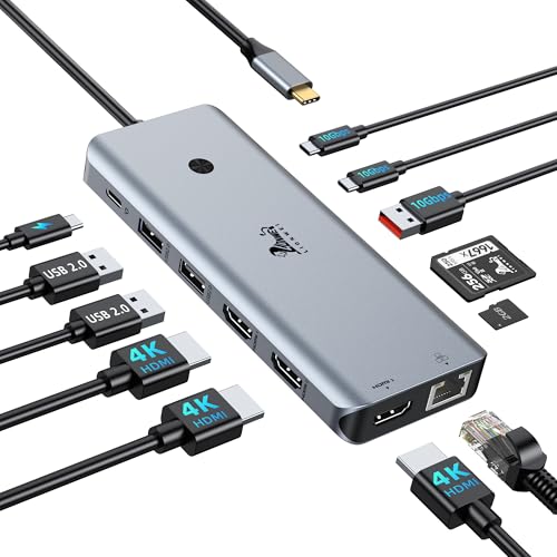 LIONWEI 12-in-1 USB C Docking Station Multiport Adapter, Triple Monitor 3 HDMI 4K@60Hz, 1000Mbps Ethernet, 10Gbps USB 3.1, PD 100W, SD/TF, Screen On/Off Button for Laptop/Windows/macOS
