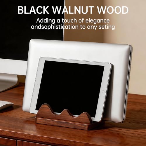 Vertical Laptop Stand for Desk Wood Walnut Adjustable Width Holder Compatible with All MacBook Pro Air HP Dell Surface Organizer Fits 10-30mm Laptops Dual Slot Design