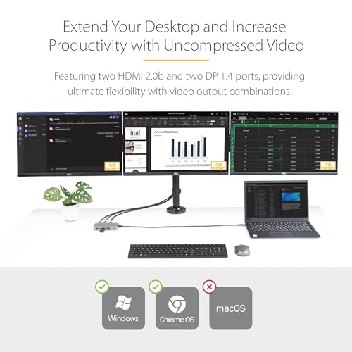 StarTech USB-C Triple 4K HDMI DP Docking Station, 100W Laptop Charging, GbE | Up to 85W host charging, 2ft 60cm cable, WoL, MAC address passthrough, Wi-Fi auto switch, Mixed-fleet rollout - style: Triple monitor
