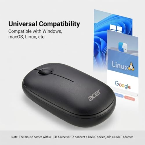 Acer Computer Mouse Wireless, 2.4G Slim USB Wireless Mice with USB-A Receiver, 1600 DPI Optical, Laptop Mouse with Plug and Play for Right/Left Handed Users (for Chromebooks, Windows PC & Mac) Black