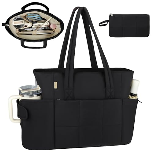 Puffer Tote Bag with Large Cup Holder& 15.6 Inch Laptop Compartment, Lightweight Puffy Work Bag with Water Bottle Pocket, Large Laptop Tote with Clutch Purse for Women Teacher Nurse (Black) - color: Black