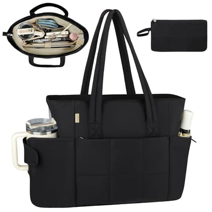 Puffer Tote Bag with Large Cup Holder& 15.6 Inch Laptop Compartment, Lightweight Puffy Work Bag with Water Bottle Pocket, Large Laptop Tote with Clutch Purse for Women Teacher Nurse (Black) - color: Black