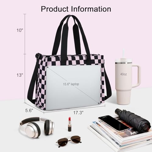 BTOOP Work Tote Bag for Women, Laptop Tote Bag With 15.6 Inch Padded Compartment, Teacher Nurse Bible Bags - color: Blck-pink Checkered