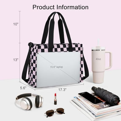 BTOOP Work Tote Bag for Women, Laptop Tote Bag With 15.6 Inch Padded Compartment, Teacher Nurse Bible Bags - color: Blck-pink Checkered