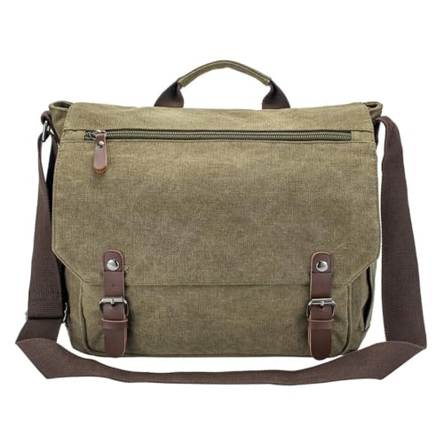 Vintage Genuine Leather Waxed Canvas Briefcase Large Satchel Shoulder Bag Rugged Computer 15.6" Laptop Bag - color: Army Green-2