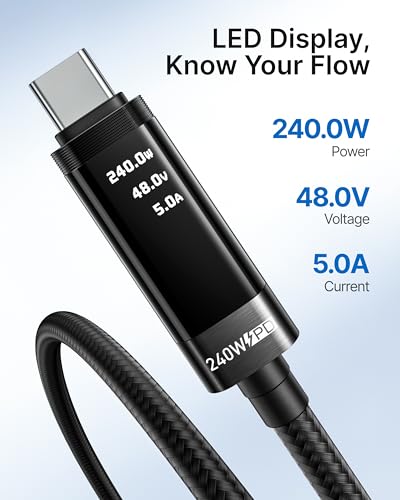 VRURC Ultra 240W Fast Charging USB C Cable with LED Digital Display, 3.3ft | Smart Display,Battery Protection,Nylon Braided,Compatible with MacBook,iPad Pro,Laptops,iPhone 17/16/15,Galaxy S25/S26,More - color: Black
