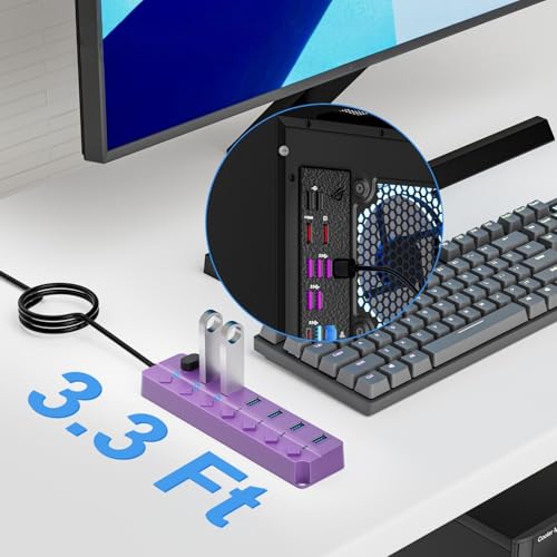 USB Hub 7 Port, USB Splitter with Individual On/Off Switches and Lights | USB 3.0 Hub with 3.3ft Cable, Extender for A Port Laptop, PC, Desktop-Purple - color: Purple