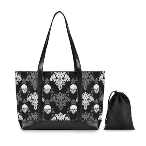 Gothic Skull Laptop Tote Bag,Fits 15.6 Inch Laptop,Womens Lightweight Canvas Leather Tote Bag Shoulder Bag