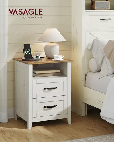 VASAGLE LIRY Collection - Farmhouse Nightstands with Charging Station, Set of 2 Bedside Tables, Side Tables with 2 Drawers, Open Compartment, for Bedroom, Rustic White and Honey Brown ULET869W01 - color: Rustic White + Honey Brown, size: 2 PACK, style: 17
