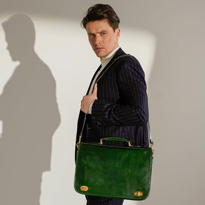 Time Resistance Leather Briefcase for Men - Italian Full Grain Leather Laptop Bag - Messenger Bag - Gift Box Included - color: Green