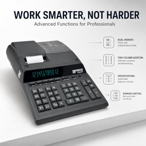 Monroe ClassicX 12-Digit Heavy-Duty Printing Calculator - Enclosed Paper Roll, Velvet Touch Keys, 5 Lines/Sec, Dual Memory - Professional Accounting Calculator