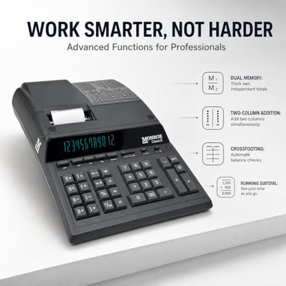Monroe ClassicX 12-Digit Heavy-Duty Printing Calculator - Enclosed Paper Roll, Velvet Touch Keys, 5 Lines/Sec, Dual Memory - Professional Accounting Calculator