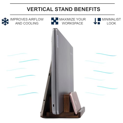 S&A WOODCRAFT 3 Slots Acacia Wood Vertical Laptop Stand, Adjustable Wooden Laptop Holder, Non-Slip Laptop Dock Compatible with Apple MacBook, Microsoft Surface, Gaming Laptops, IPad, Tablets - color: Brown Acacia, size: 3 Slots