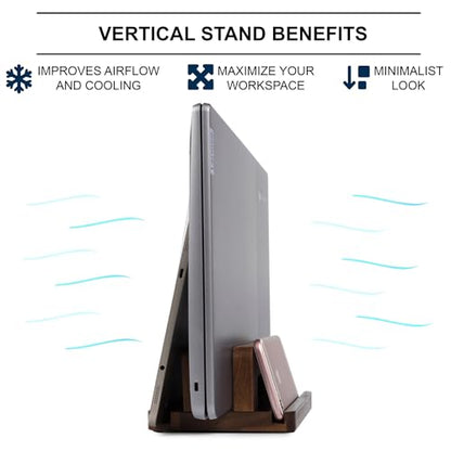 S&A WOODCRAFT 3 Slots Acacia Wood Vertical Laptop Stand, Adjustable Wooden Laptop Holder, Non-Slip Laptop Dock Compatible with Apple MacBook, Microsoft Surface, Gaming Laptops, IPad, Tablets - color: Brown Acacia, size: 3 Slots