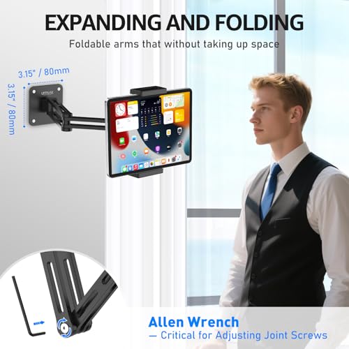 Dual Arm Tablet Wall Mount Ipad Holder, 4.7-13" | 360° Rotation Adjustable, Aluminum Extendable Arm, For iPad mini/Air/Pro/Galaxy Tab/Kindle, Kitchen Home Office - size: 2 Arm-Up to 13"