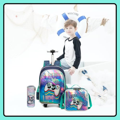 Meetbelify Kids Backpacks with Wheels for Boys Football Rolling Backpack with Lunch Box for Elementary Students Trip Luggage for Boys Ages 6-8 - color: 01 Game Level