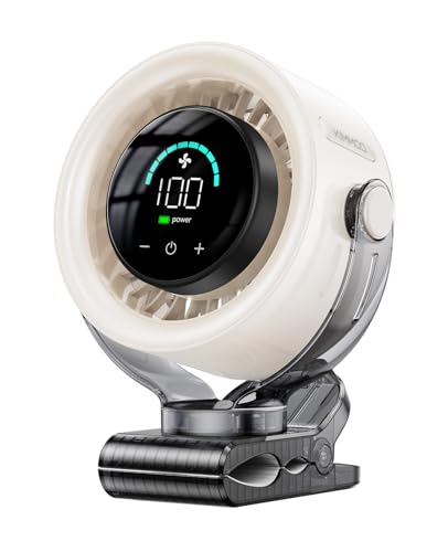 KIMMOO 4000mAh Rechargeable Portable Clip on Fan-100-Speed Touch Control, LED Display, 360° Rotate Quiet Turbo Desk Fan, Small Battery Operated USB Fan for Stroller Bed Travel Camping Golf Gym (White) - color: White