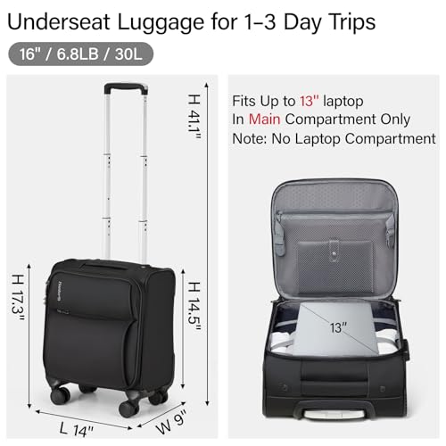 Hanke Underseat Carry On Luggage with Wheels, Spinner Small Suitcase, 16-Inch Rolling Under Seat Luggage, Softside Lightweight Carry On Bag for Airplane TSA Travel Personal Item, Black - color: Black, size: 16 Inch Underseat