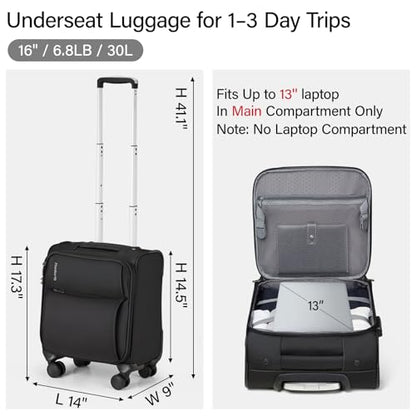 Hanke Underseat Carry On Luggage with Wheels, Spinner Small Suitcase, 16-Inch Rolling Under Seat Luggage, Softside Lightweight Carry On Bag for Airplane TSA Travel Personal Item, Black - color: Black, size: 16 Inch Underseat