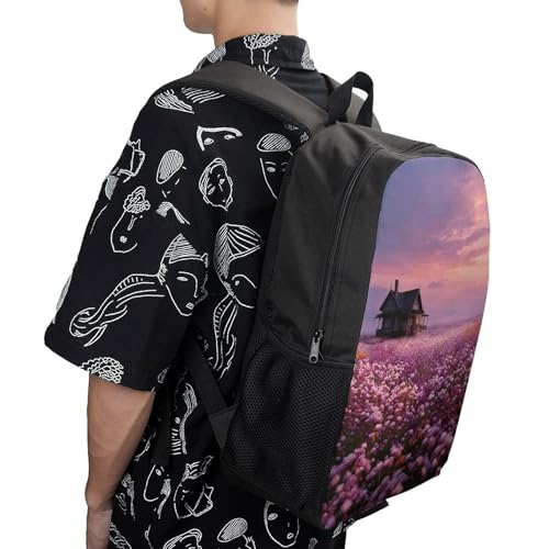 17 In Laptop Backpack Water Resistant Travel Backpack Black | Sunset And Flower Sea, Breathable Airflow Back Panel, Adjustable Ergonomic Shoulder Straps, Foam-Padded Top Carry Handle