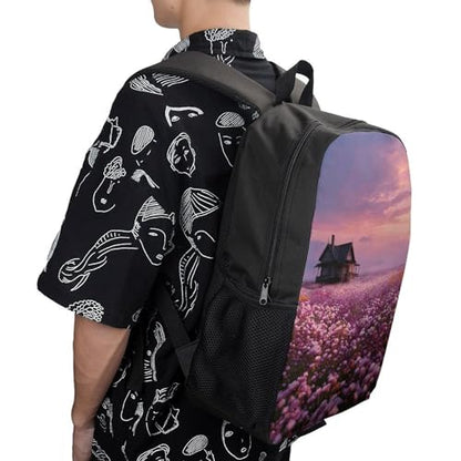 17 In Laptop Backpack Water Resistant Travel Backpack Black | Sunset And Flower Sea, Breathable Airflow Back Panel, Adjustable Ergonomic Shoulder Straps, Foam-Padded Top Carry Handle