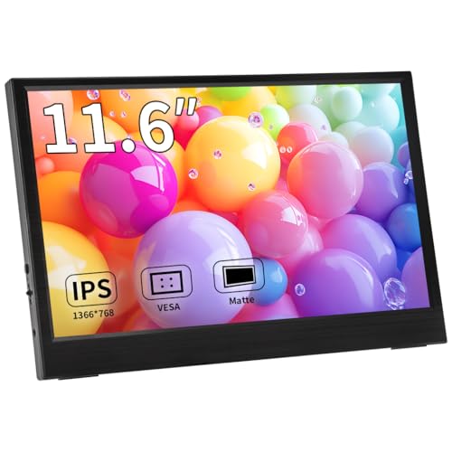 11.6 Inch Portable Monitor, 1366x768 HD IPS Small HDMI Display, Dual USB-C, Low Power External Screen for Laptop PC Mac Switch Rasp Pi Xbox, Lightweight Second Monitor with Stand - size: 11.6”