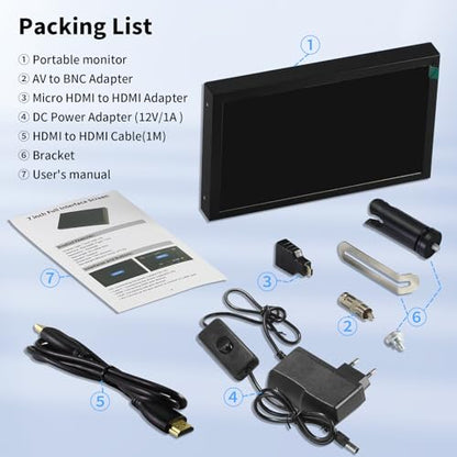 7 Inch Mini Monitor HDMI, Portable Vga Monitor with AV BNC 1024×600 LCD Screen with Built-in Speakers, 178° View Angle IPS, Multi-Function Mini Small Display for Raspberry Pi PC/TV/DVD/CVBS
