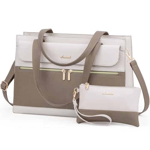 LOVEVOOK Laptop Bag for Women 15.6 Inch Laptop Tote Work Professional Leather Computer Briefcase Waterproof Handbag Shoulder Large Capacity Business Teacher Office Crossbody Purse - color: Khaki- Off-white, size: 15.6 Inch