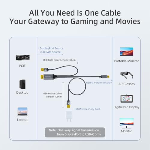 DisplayPort to USB C Cable with Power Delivery, Dual USB Adapter for Host Connection to Portable Monitor, AR Glasses (Xreal, Rokid, RayNeo) One-Way Signal, 6.6FT/9.8FT (118, Inches)