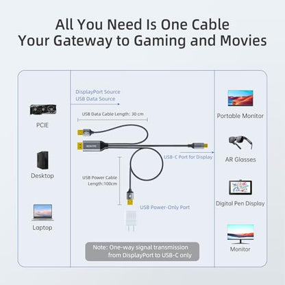 DisplayPort to USB C Cable with Power Delivery, Dual USB Adapter for Host Connection to Portable Monitor, AR Glasses (Xreal, Rokid, RayNeo) One-Way Signal, 6.6FT/9.8FT (118, Inches)