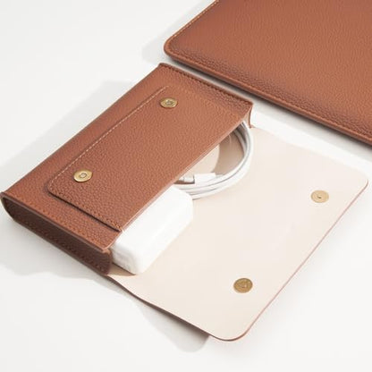 PU Leather Padded Laptop Sleeve Bag 13Inch Compatible with New MacBook Air 13 A3113 M3, 2024 MacBook Pro 13 M2 A2686 with Charger Pouch Color Brown - color: Brown, size: MacBook Pro/Air 13