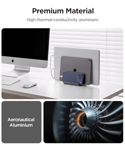 Spigen Vertical Laptop Stand Holder for Desk | with Adjustable Dock, 4 Slots Total for All MacBook 11"-16"/HP/Dell/Surface/Samsung/LG/Chrome Book - Space Gray