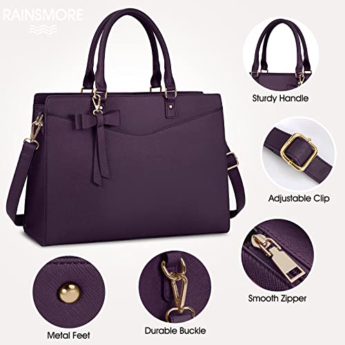 RAINSMORE Laptop Bag for Women 15.6 Inch PU Tote Bag Business Work Bag Waterproof Briefcase Computer Tote Lightweight Handbag Shoulder, Dark Purple - color: Dark Purple