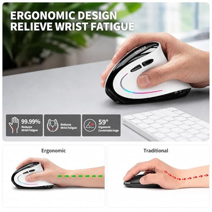 Uineer Ergonomic Wireless Vertical Mouse, 3-Mode Bluetooth 5.0/4.0 & 2.4GHz | Rechargeable, USB-A Receiver, Silent Computer Mouse for Laptop, Mac, iPad and PC, 4 DPI Levels, LED Light, 3-Device Switching