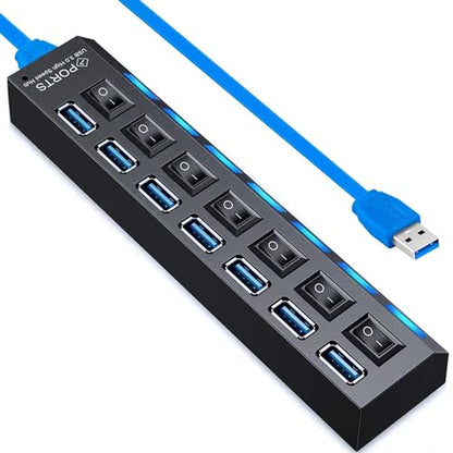 USB Hub 3.0, VIENON 7-Port USB Extender Splitter with Individual LED ON/Off Switches, USB3.0 Hub for Laptop, PC, MacBook, Mac Pro, Mac mini, iMac, Surface Pro and More USB Devices-2FT