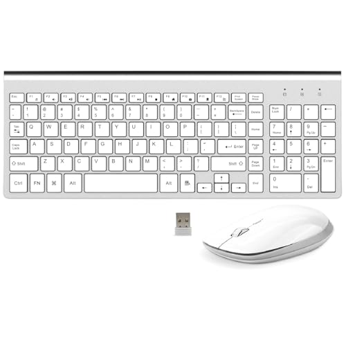 Keyboard and Mouse Wireless, Slim Flat for Laptop PC White Silver | Silent Quiet, Low Profile Thin, 14.5 Inch Portable Full Size, with 10 Key, 2.4G USB, Home Office, Windows Laptop Computer - color: Silver White