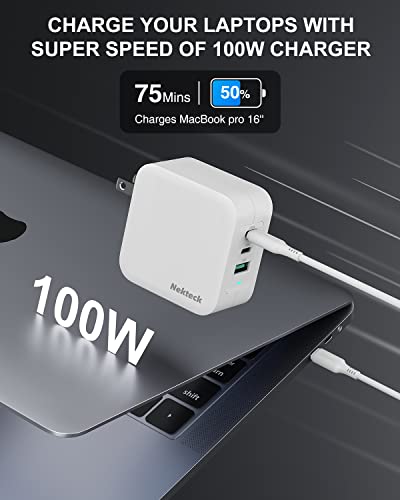 Nekteck 100W GaN USB C Fast Charger (3-Port) - PD 3.0 & QC 3.0 Compact Wall Charger for MacBook Pro/Air, iPhone 17/16/15, iPad, Galaxy S25/S24, PixelBook, Steam Deck, Laptops and More - Foldable
